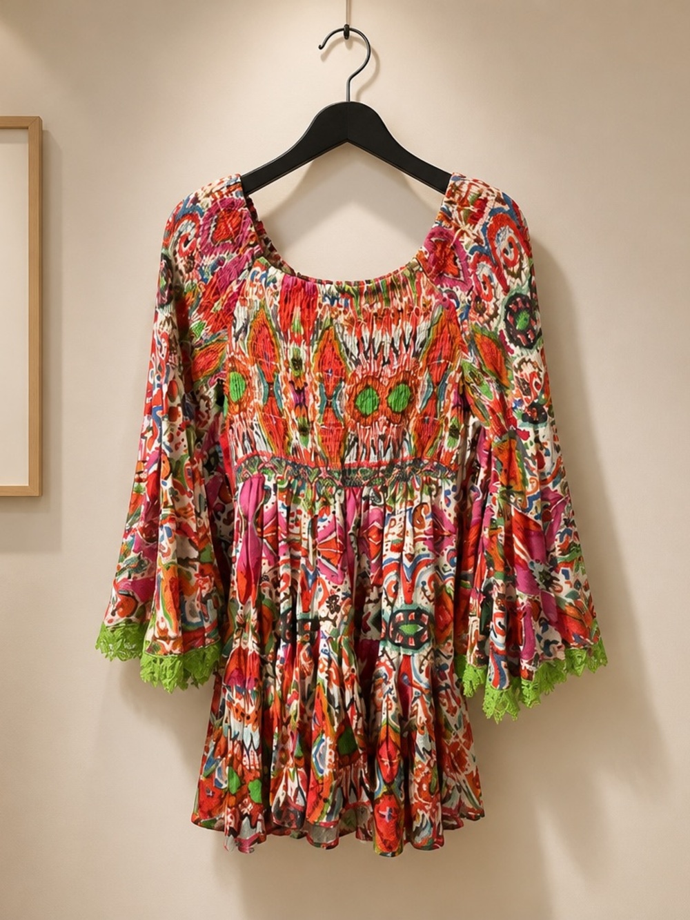 Vibrant Multicolor Boho Tunic with Green Trim